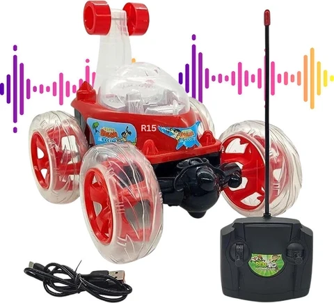 Cartoon Print Remote Control Car- 360 Degree Rotating Funny Remote Control Racing Car with USB Cable Stunt Car with 3D Lights & Music for Kids