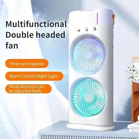 Double Head Mist Fan with LED Light & Humidifier | Portable Air Cooler for Home, Office & Travel – USB Rechargeable.